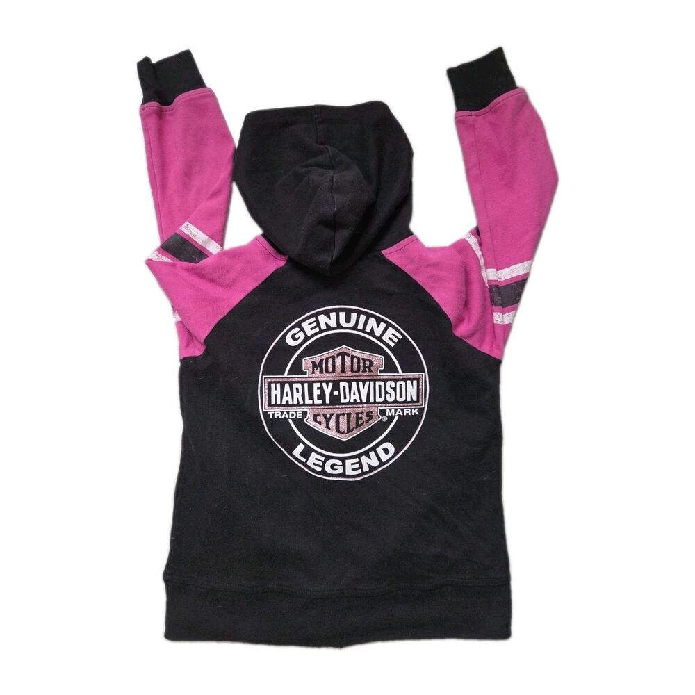 Harley-Davidson Girls Black Pink Full Zip Hooded Sweatshirt Jacket Size 6 GUC